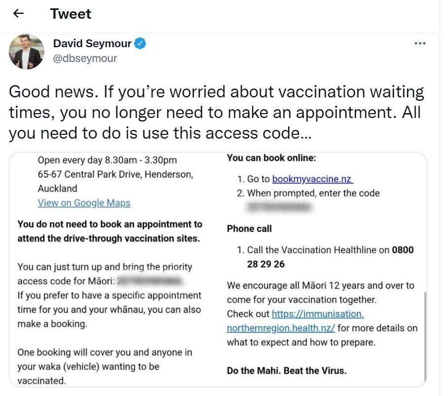 Politician David Seymour Tweets Out Maori Vaccine Code; Prompting Criticisms
